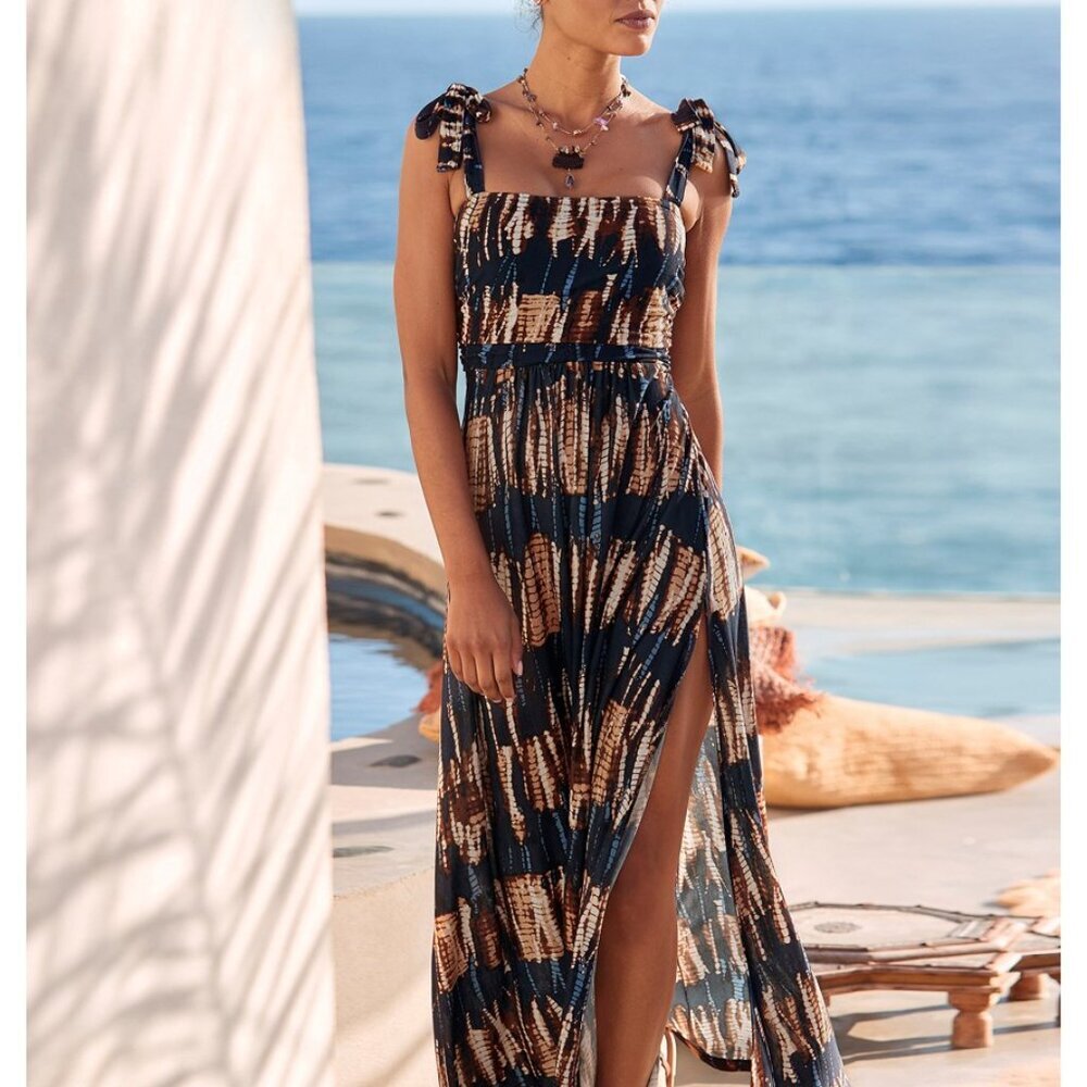 Navy and Tan Tie-Shoulder Maxi Dress